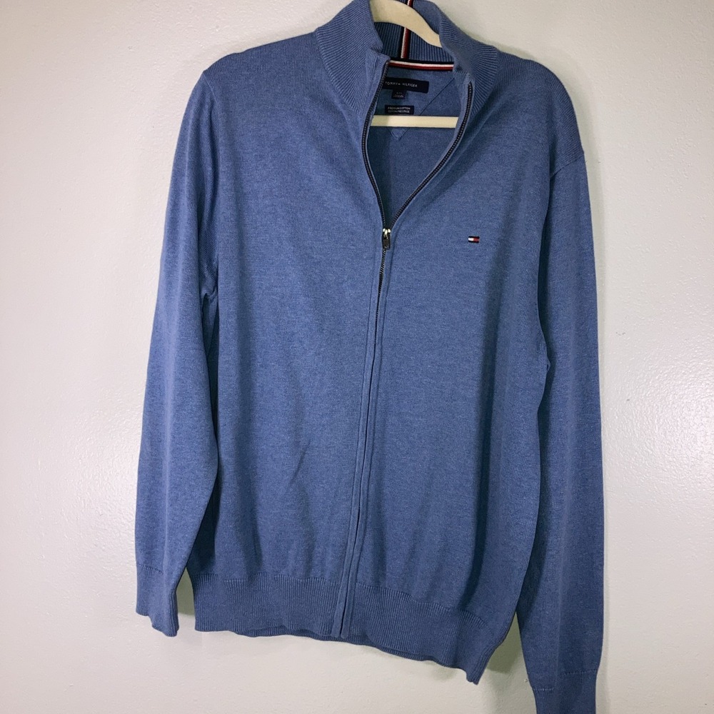 Tommy Hilfiger Mens L Blue Heather Zip Up Cardigan Sweater Classic Preppy